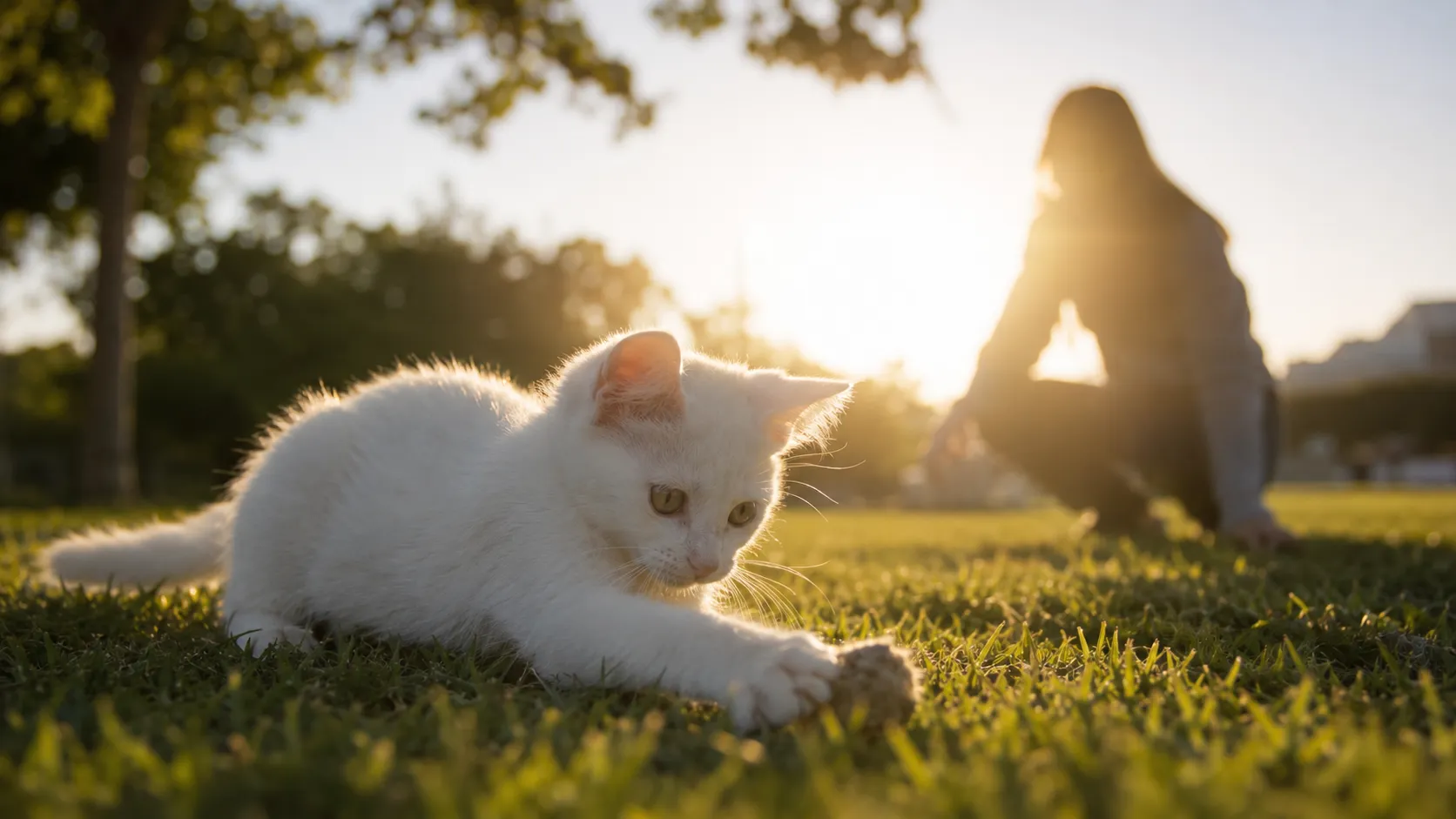 Gato blanco jugando en el pasto al atardecer