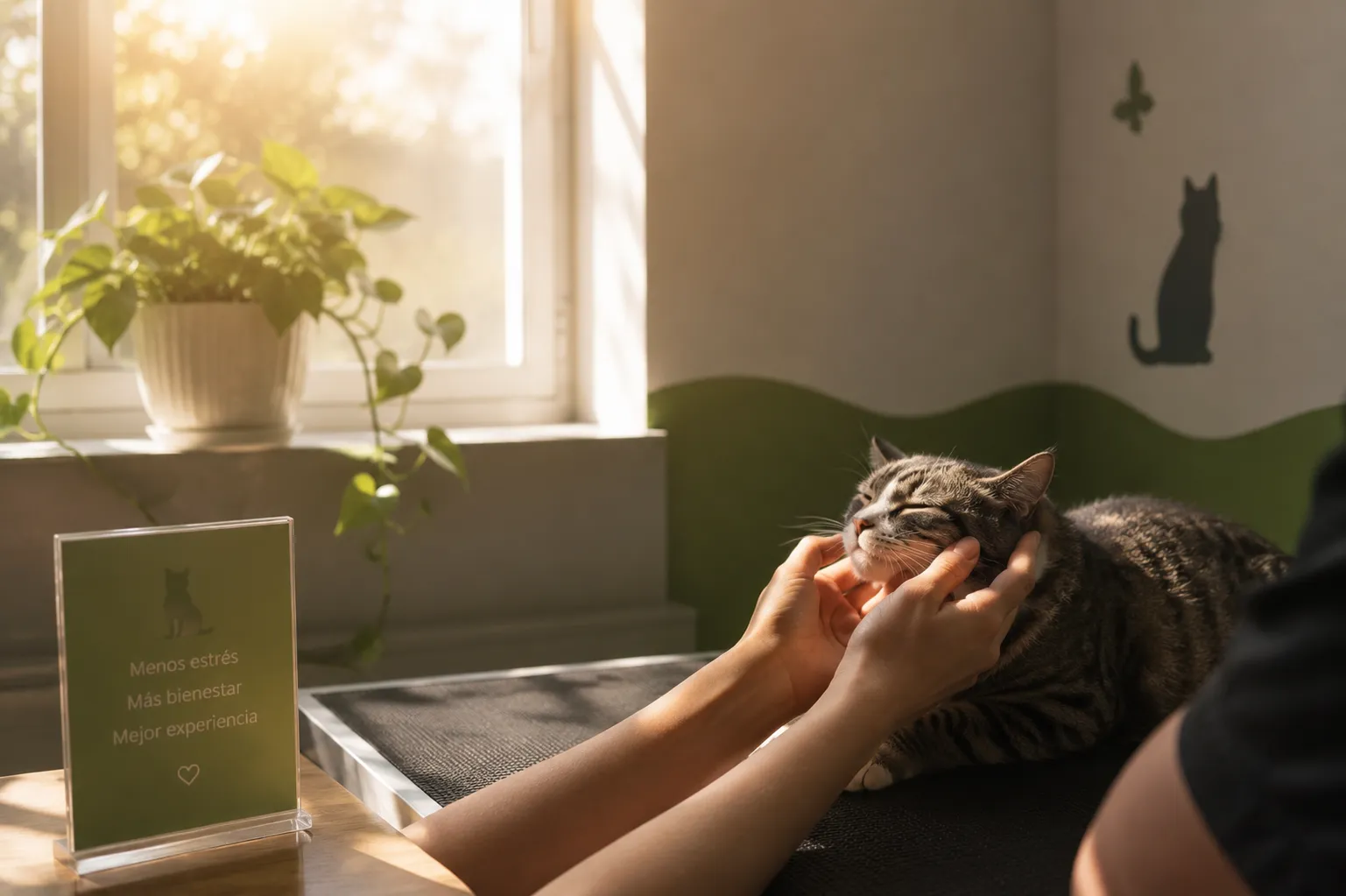 Gato atigrado recibiendo caricias, relajado, en una sala Cat-Friendly