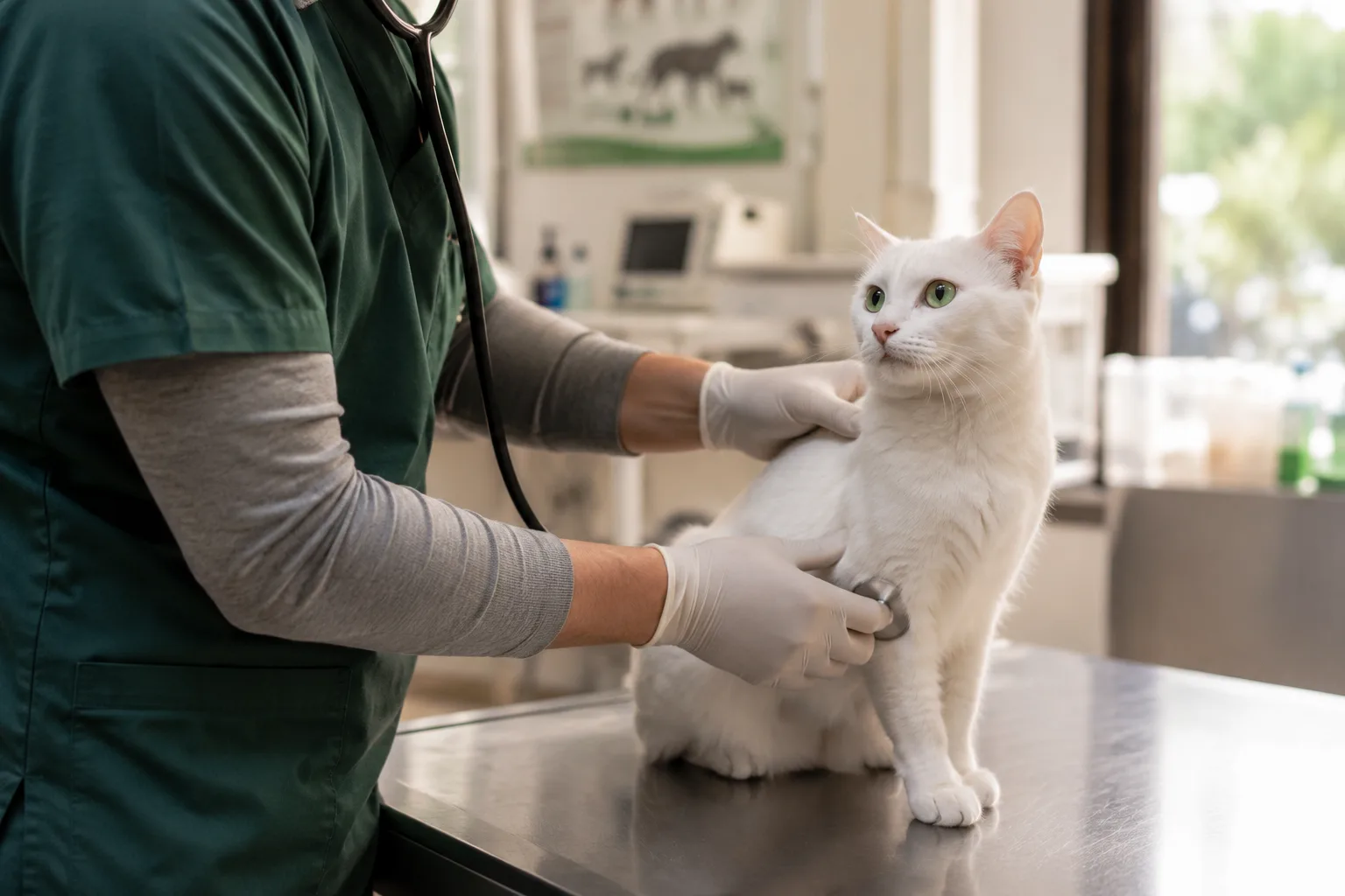 Veterinario auscultando a un gato blanco sobre la mesa de consulta