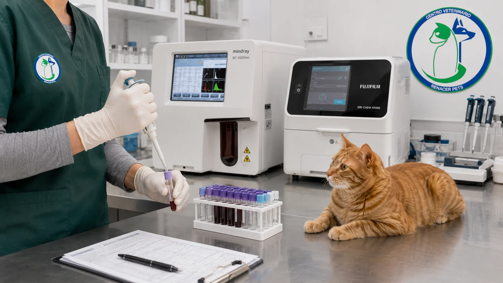 Laboratorio clínico de Renacer Pets: procesamiento de muestra de sangre junto a un gato